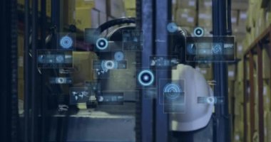 Animation of data processing with scope scanning over warehouse. Global connections, computing and digital interface concept digitally generated video.