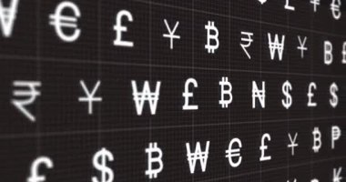 Animation of multiple currency symbols moving over data processing on computer screen. Global economy and business interface technology concept
