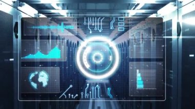 Animation of data processing with scope scanning over server room. Global connections, computing and digital interface concept digitally generated video.