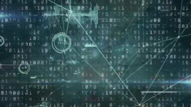 Animation of glitch effect over network of connections and binary coding against blue background. Global networking and business technology concept