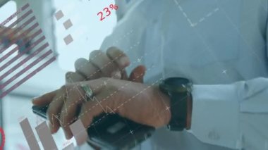 Animation of statistical data processing against mid section of man using smartwatch. Business data technology concept