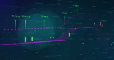 Animation of multiple graphs with changing numbers and dots moving over lens flares. Digitally generated, multiple exposure, business, report, data, progress, illuminated, futuristic, technology.