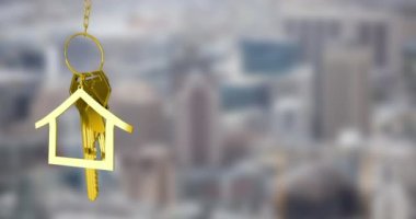 Animation of golden key and house over cityscape. Moving house and business concept digitally generated video.