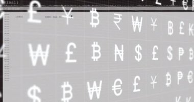 Animation of multiple currency symbols moving over programming language on screen. Digitally generated, multiple exposure, finance, coding, economy, shape and technology concept.