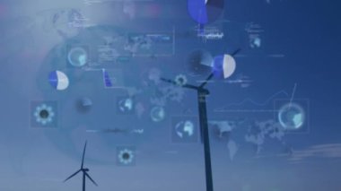 Animation of data processing with scope scanning and globe over wind turbines. Global connections, computing and digital interface concept digitally generated video.