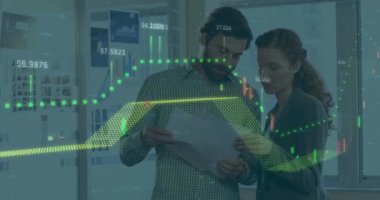 Animation of financial data processing over caucasian man and woman discussing over a document. Global finance and business technology concept