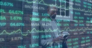 Animation of financial data processing over african american man using smartphone on street. Global economy and business interface technology concept