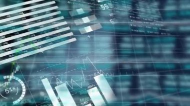 Siyah arka planda finansal veri işleme animasyonu. Küresel iş, finans ve dijital arayüz kavramı dijital olarak oluşturulmuş video.
