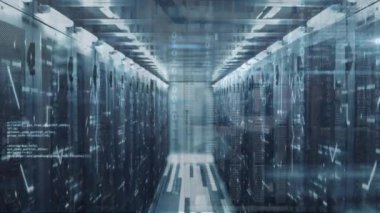Animation of programming language and binary codes over illuminated data server racks. Digital composite, multiple exposure, network security, cyber, data center, coding, networking, technology.