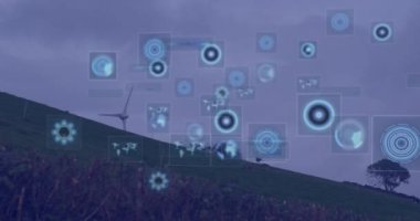 Animation of data processing with scope scanning over wind turbines. Global connections, computing and digital interface concept digitally generated video.