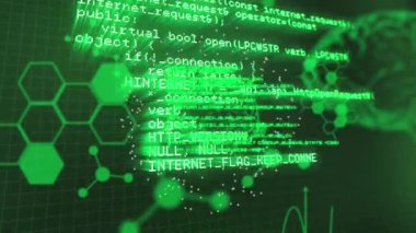 Animation of illuminated green human brains with molecular structure and programming data. Digitally generated, multiple exposure, anatomy, medical, research, futuristic, technology, chemistry.