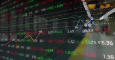 Animation of stock market data processing against train arriving on the station. Global economy and business technology concept