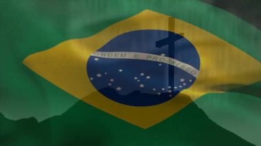 Animation of christian cross and flag of brasil. Religion, tradition and christianity concept digitally generated video.
