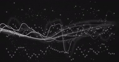 Animation of digital waves moving over white particles spinning against black background. Business data technology concept