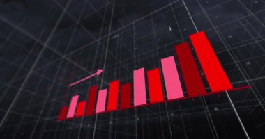 Animation of statistical data processing over grid network against dark clouds. Business data technology concept