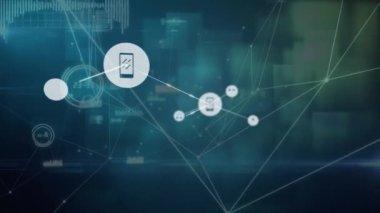 Animation of network of digital icons and data processing against square shapes on blue background. Global networking and business technology concept