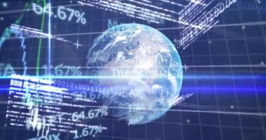 Animation of financial data processing over globe and grid. Global connections and data processing concept digitally generated video.