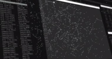 Animation of network of connections over data processing against black background. Global networking and business interface technology concept