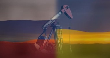 Animation of flags of ukraine and russia over working oil pump. Global business and patriotism concept digitally generated video.