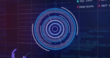 Animation of scope scanning and data processing over blue background. Global business and digital interface concept digitally generated video.