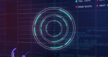 Animation of round scanner, statistical and stock market data processing on purple background. Computer interface and business data technology concept