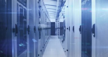 Animation of data processing over server room. Global internet security connections and data processing concept digitally generated video.