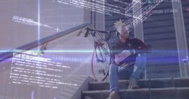 Animation of stock market data processing against albino man using smartphone on the stairs. Global economy and business technology concept