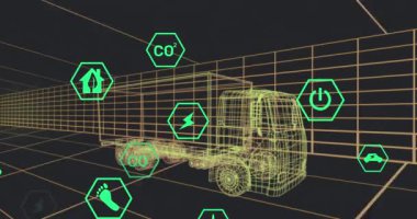 Animation of digital car interface and eco icons over 3d model of car. Global engineering, digital interface, business, computing and data processing concept digitally generated video.