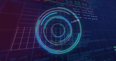 Animation of round scanner, statistical and stock market data processing on purple background. Computer interface and business data technology concept