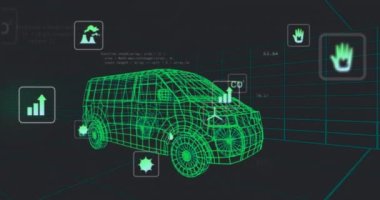 Animation of data processing and scanning over car drawing spinning on black background. Global networking and computer interface technology concept.