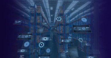 Animation of data processing with scope scanning over warehouse. Global connections, computing and digital interface concept digitally generated video.