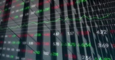 Animation of stock market data processing against tall building. Global economy and business technology concept
