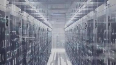 Animation of multiple texts, numbers, symbols and computer language over data server racks. Digital composite, multiple exposure, network security, cyber, data center, coding, networking, technology.