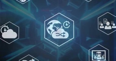 Animation of cloud computing, business and finance icons in hexagon shapes moving in tunnel. Digitally generated, multiple exposure, abstract, message, dollar, global network, futuristic, technology.