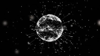 Animation of light spots over globe with network of connections with texts on black background. Global connections, computing and digital interface concept digitally generated video.