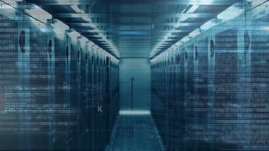 Animation of programming language and binary codes over data server racks. Digital composite, multiple exposure, network security, cyber, data center, coding, networking, technology.