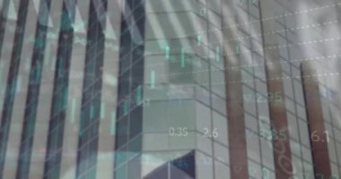 Animation of statistical and stock market data processing against tall building. Global economy and business technology concept
