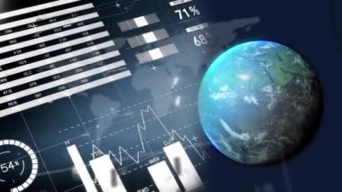 Animation of globe and financial data processing on black background. Global business, finances and digital interface concept digitally generated video.