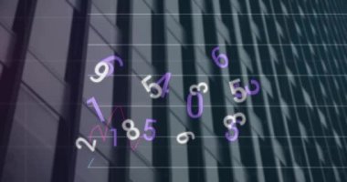 Animation of statistical data processing and changing numbers against tall building. Business data technology concept
