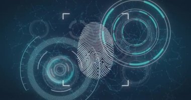 Animation of data processing over biometric fingerprint. Global business, finances, computing and data processing concept digitally generated video.