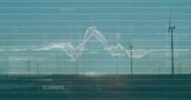 Animation of interface with data processing against spinning windmills on grasslands. Renewable energy and business interface technology concept