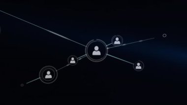 Animation of network of profile icons against blue light trails on black background. Global networking and business technology concept