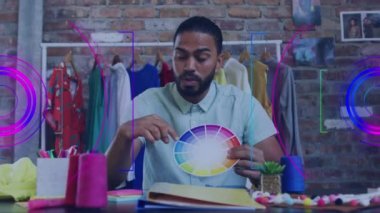 Animation of portrait of biracial businessman in office having video call over scope scanning. Global business and digital interface concept digitally generated video.