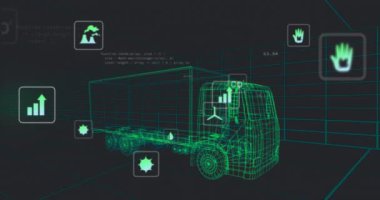 Animation of digital car interface and data processing over 3d model of car. Global engineering, digital interface, business, computing and data processing concept digitally generated video.