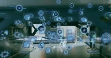 Animation of data processing with scope scanning over lab. Global connections, computing and digital interface concept digitally generated video.