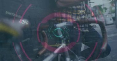 Animation of financial data processing against caucasian man using smartphone on the street. Global finance and business interface technology concept