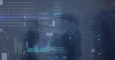 Animation of neon round scanner and statistical data processing against time-lapse of people walking. Business data and analytics technology concept