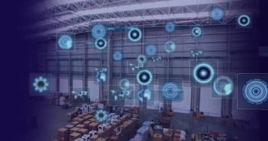Animation of data processing with scope scanning over warehouse. Global connections, computing and digital interface concept digitally generated video.