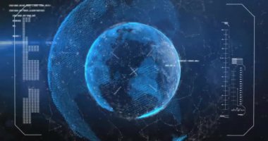 Animation of globes with connected dots and display screens with computer language. Digitally generated, multiple exposure, global communication, business, networking, futuristic and technology.