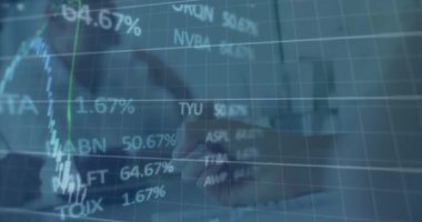 Animation of financial data processing over diverse colleagues clapping together at office. Global finance and business technology concept